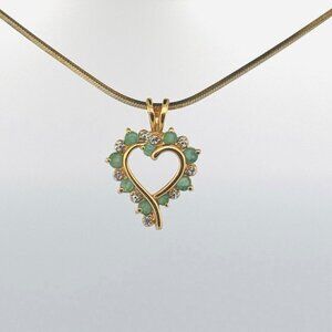 Estate 925 Gold Over Heart Pendant Emerald & CZ Necklace 15" Sterling Silver 6g